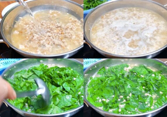 Nấu nước dùng, cho mồng tơi và thịt bò vào