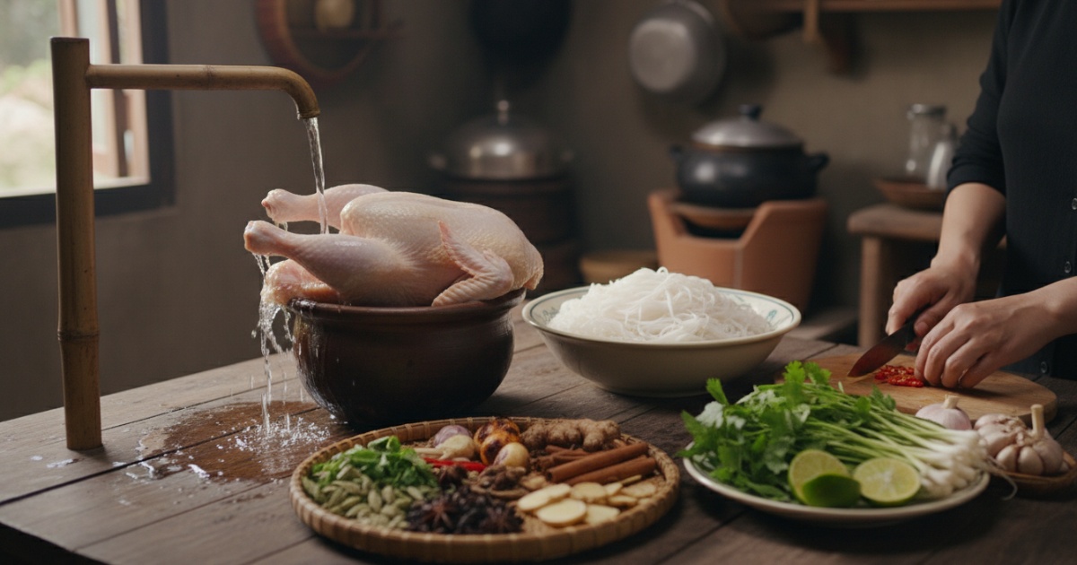 Sơ chế nguyên liệu cho món phở gà chuẩn vị